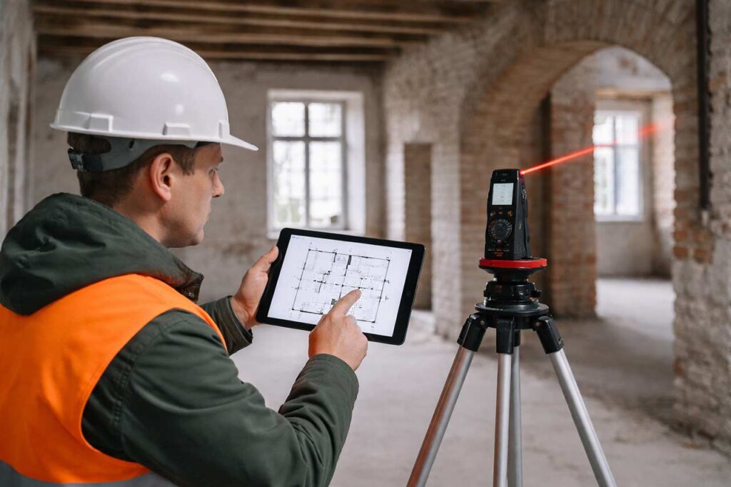 Measured building surveys carried out by a professional surveyor using laser equipment inside an existing building in South Wales